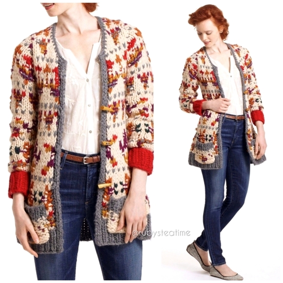 Chunky Knit Boho Neo Fairisle Cardigan Sweater, Wooden Toggle Buttons, ANTHRO - Picture 3 of 16